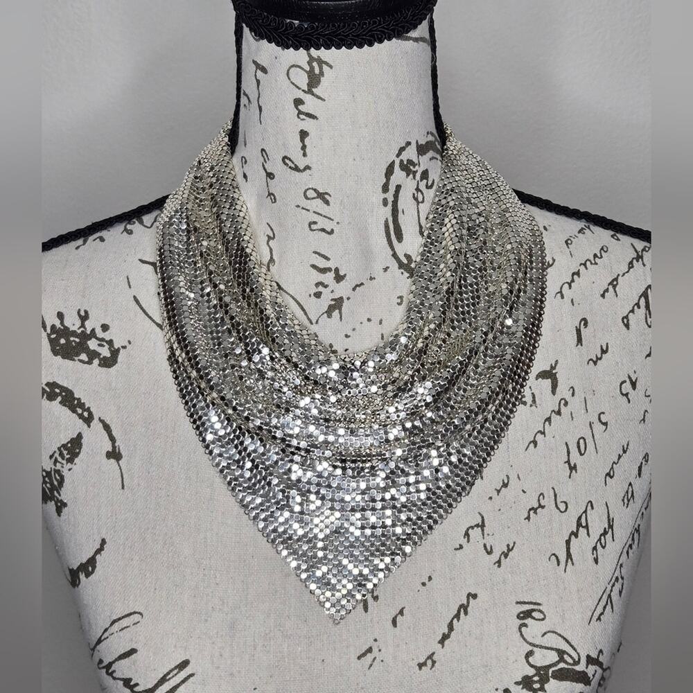 Whiting and Davis Mesh Mates Bib Cowl Necklace Silver - Picture 2 of 6